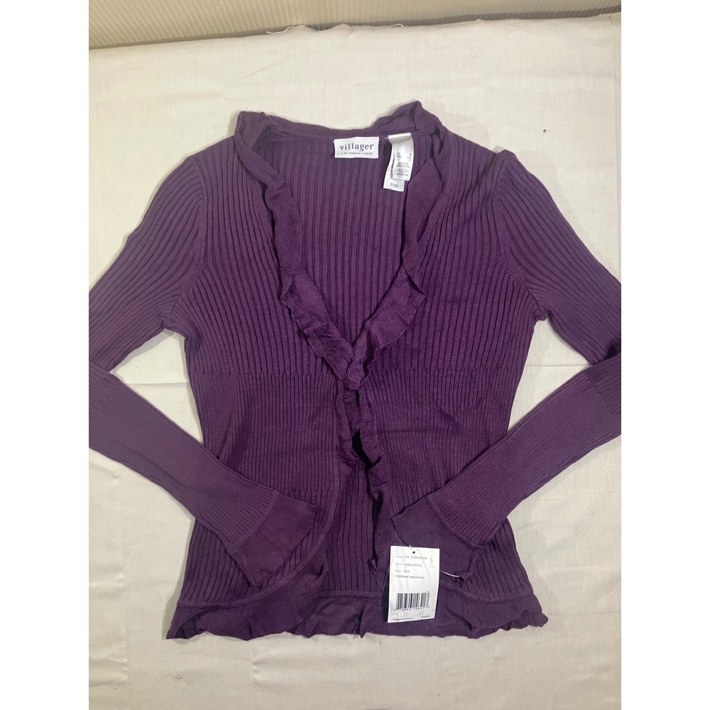 Villager Liz Claiborne Purple Ruffle Ribbed Cardigan Sweater NWT Small VXMU1717K